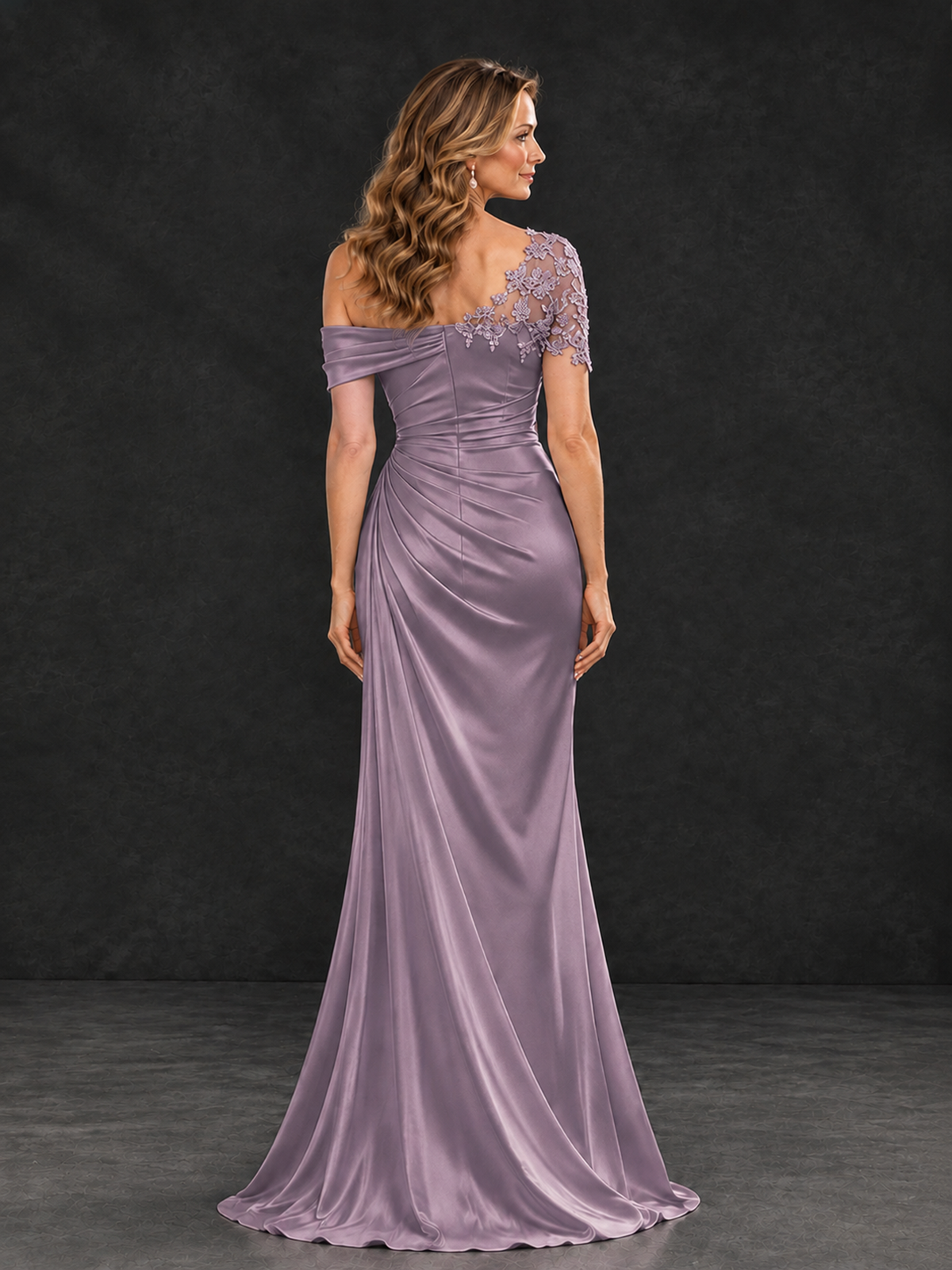 BOLODOO Wisteria Asymmetric Satin Mother of the Bride Dress with Lace Sleeve - Wisteria - Wisteria (2)