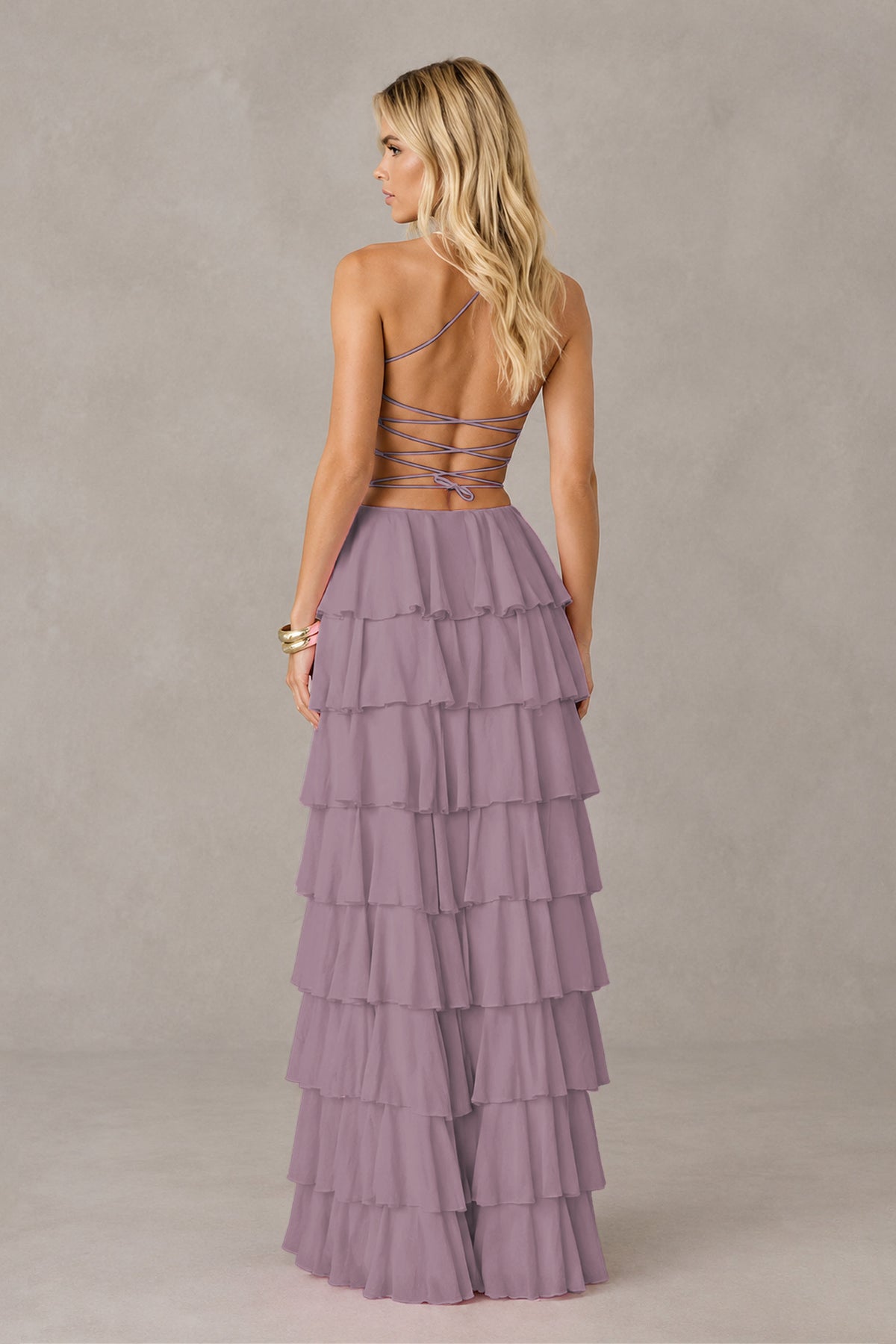BOLODOO Wisteria Strapless Tiered Ruffle Maxi Dress with Slit & Lace-Up Back - Wisteria