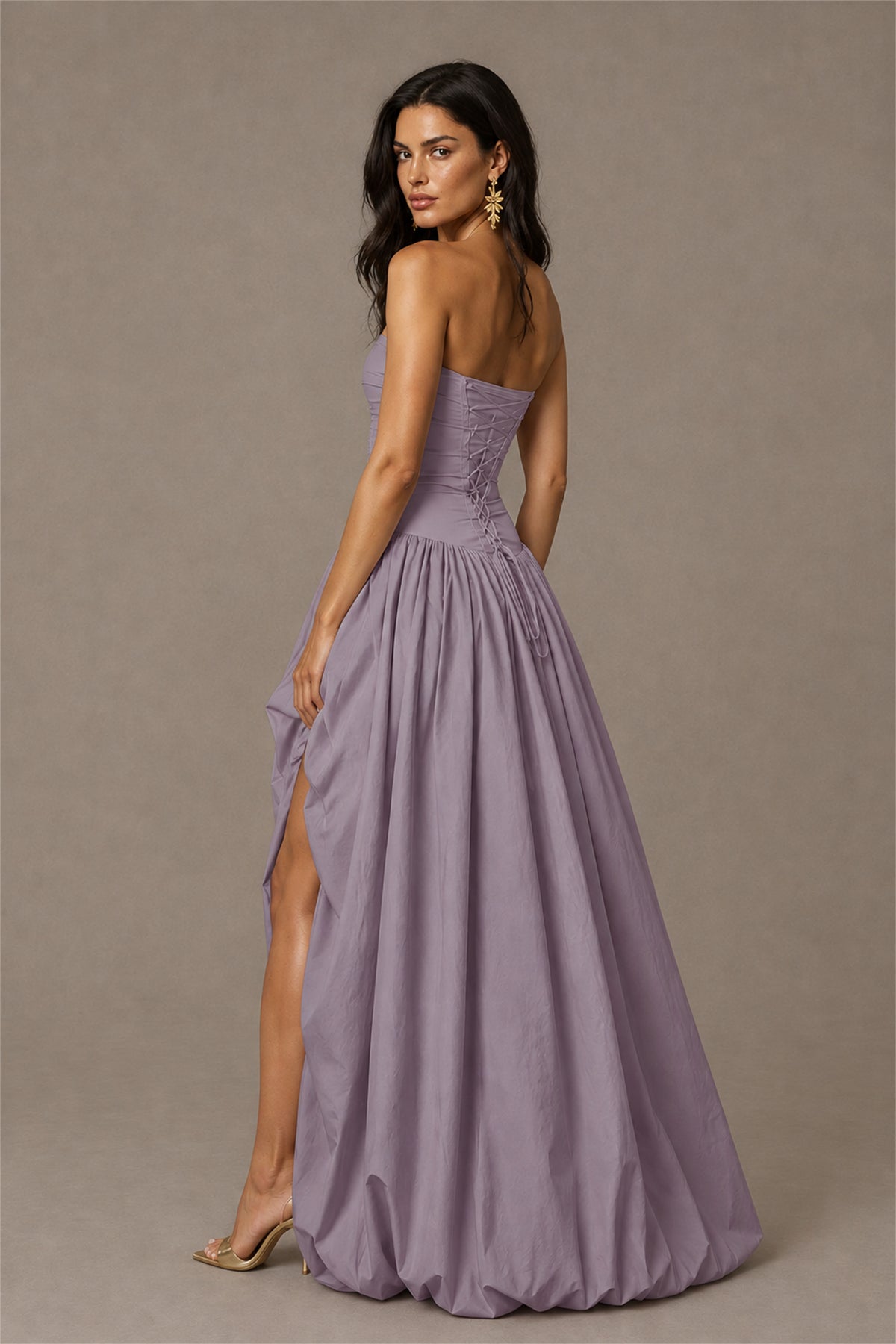 BOLODOO Wisteria Strapless Ruched Corset Lace-Up Back Bubble Skirt High Slit Taffeta Maxi Dress - Wisteria