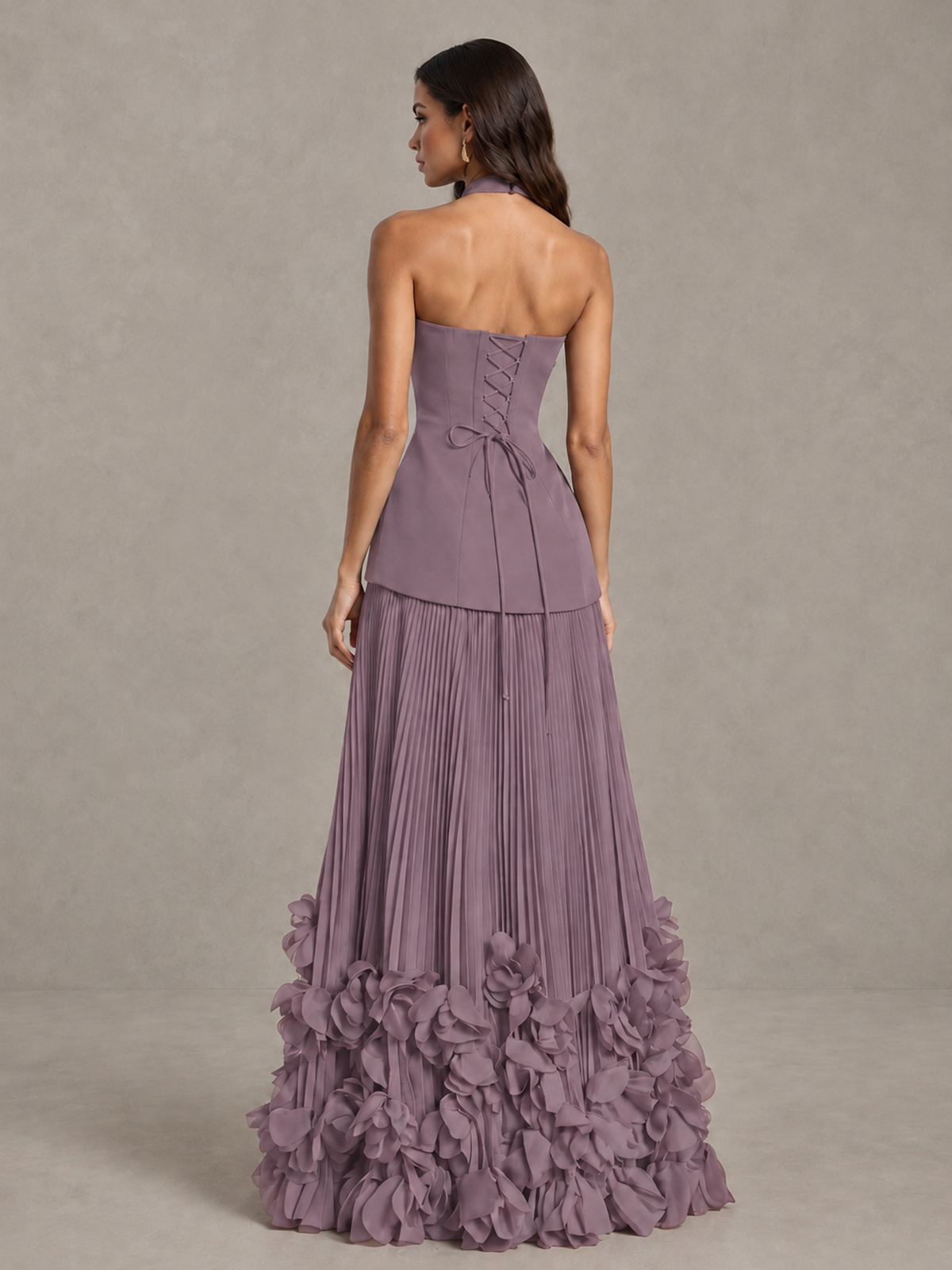 BOLODOO Wisteria Halter Neck Floor-Length Evening Gown with High Slit & 3D Floral Hem - Wisteria - Wisteria (2)