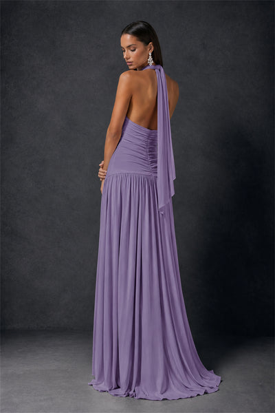 BOLODOO Wisteria Halter Deep V-Neck Ruched Chiffon Open Back Maxi Dress with Draped Neck Tie - Wisteria