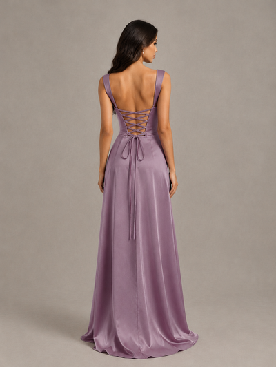 BOLODOO Wisteria Satin Lace-Up Bridesmaid Dress with Slit - Wisteria - Wisteria (2)