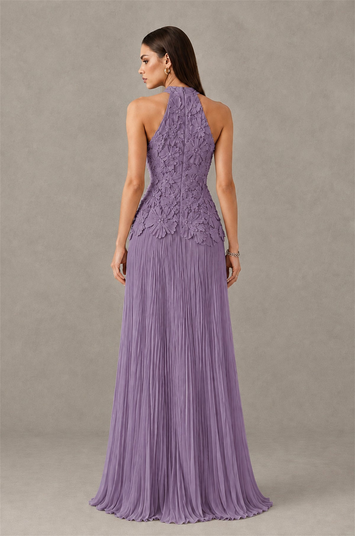 BOLODOO Wisteria 3D Floral Applique Halter Neck Open Back Pleated Maxi Dress - Wisteria