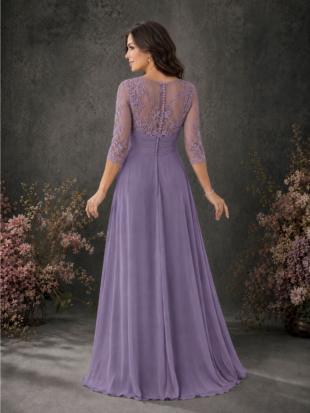 BOLODOO Wisteria Chiffon Lace Illusion Neckline 3/4 Sleeve Floor Length Formal Gown - Wisteria