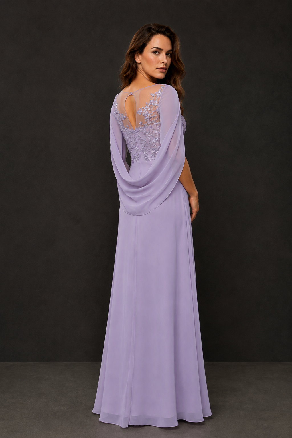 BOLODOO Wisteria Illusion Lace One-Side Cape Sleeve Beaded Chiffon Floor Length Gown | Mother of the Bride Evening Dress - Wisteria