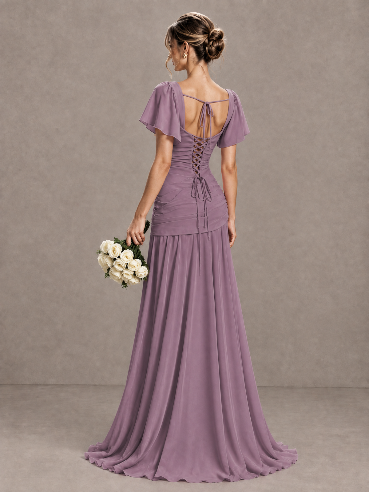 BOLODOO Wisteria Flutter Sleeve Lace-Up Back Maxi Dress - Wisteria
