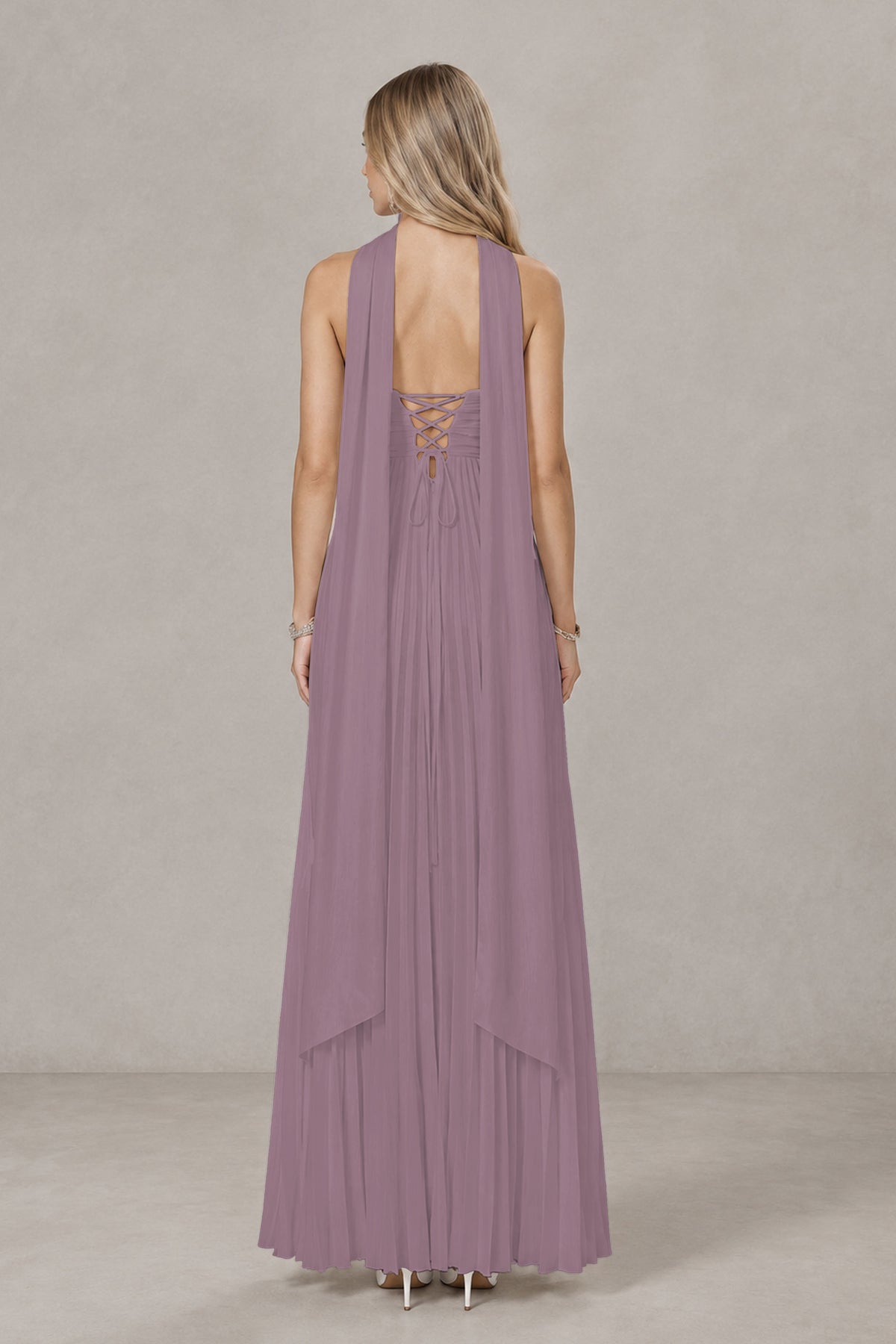 BOLODOO Wisteria Strapless Chiffon-Look Maxi Dress with Lace-Up Back & Cape - Wisteria