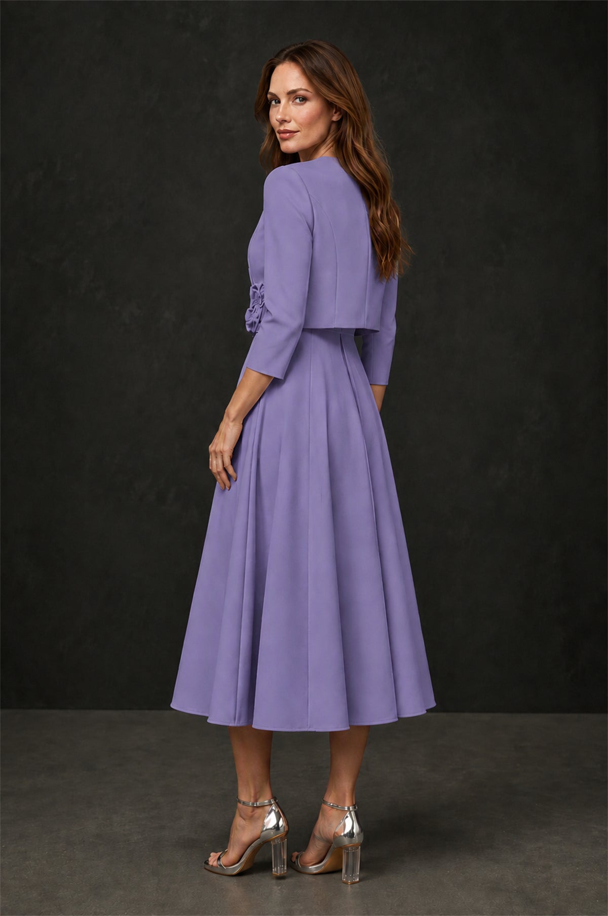 BOLODOO Wisteria 3D Rosette Appliqué 3/4 Sleeve Jacket & V-Notch Sleeveless A-Line Tea-Length Two-Piece Dress Set - Wisteria
