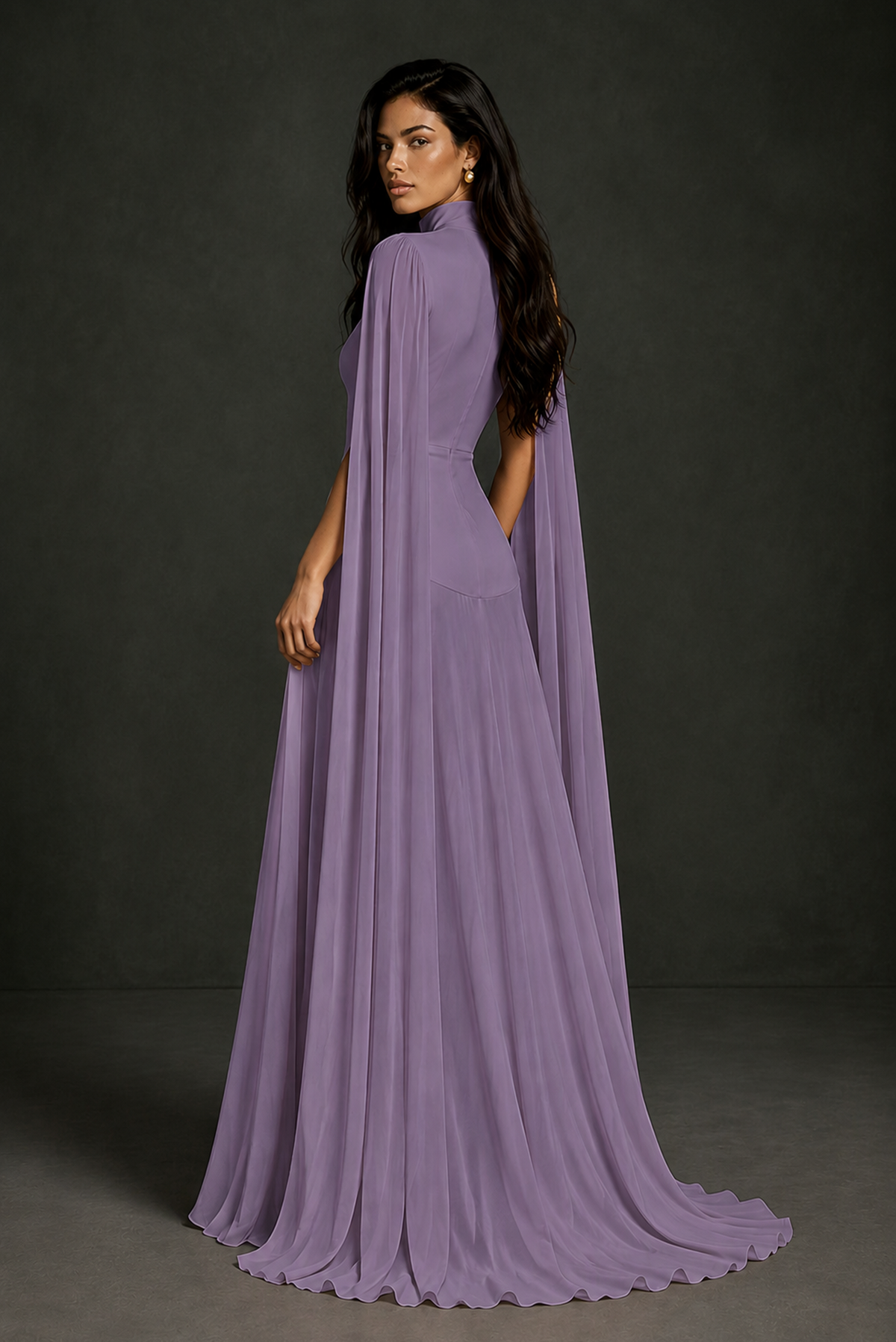 BOLODOO Wisteria Mock Neck Cape Sleeve A-Line Chiffon Maxi Dress - Wisteria