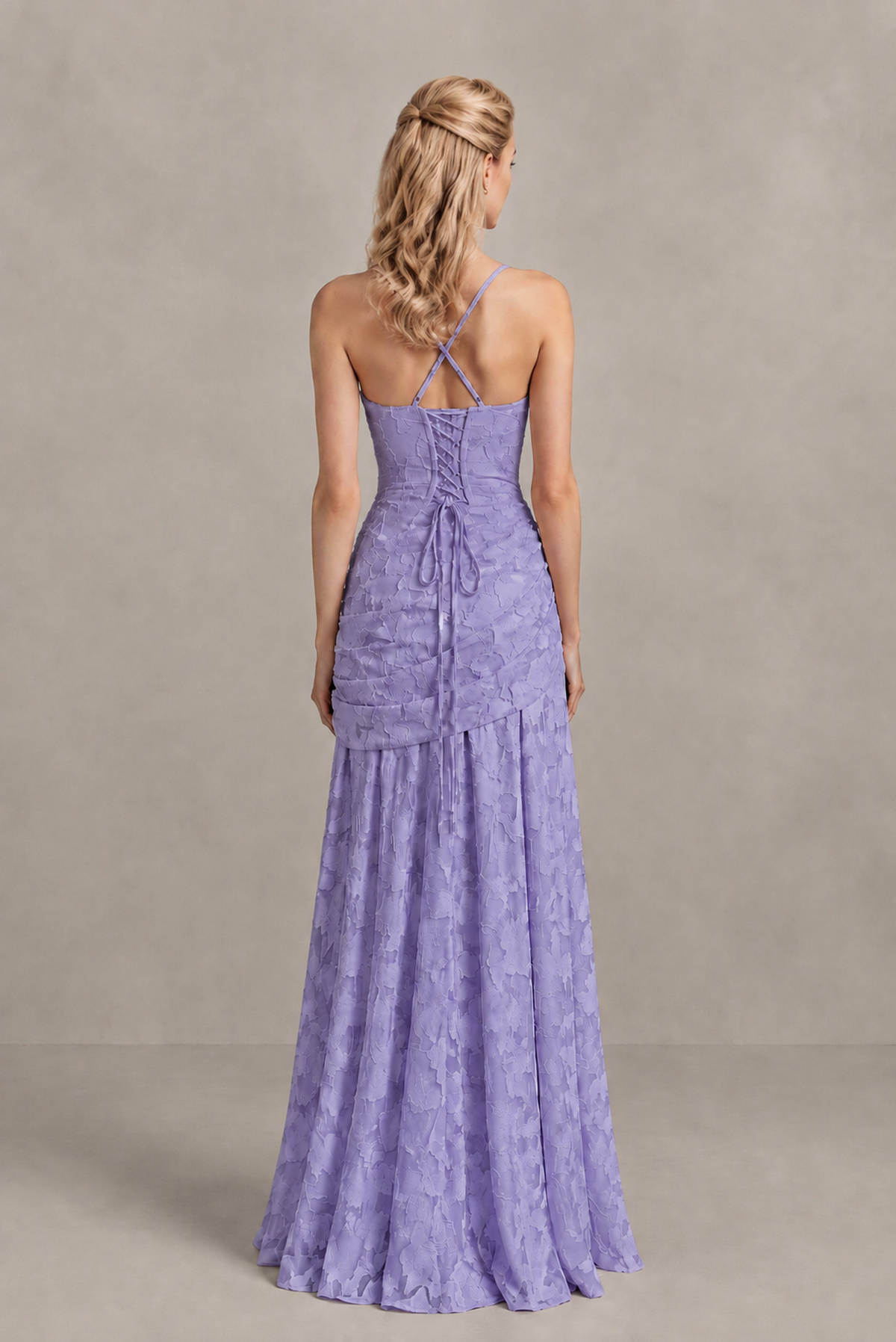 BOLODOO Wisteria Ruched Floral Maxi Dress with Lace-Up Back - Wisteria