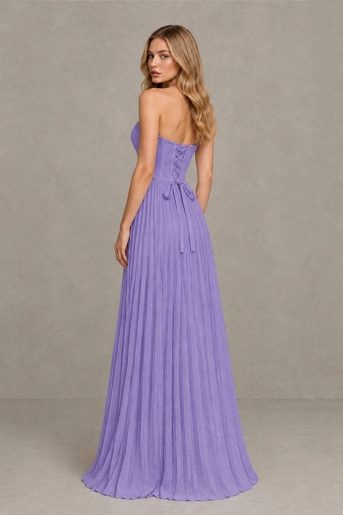 BOLODOO Wisteria Strapless Sunburst Pleated Twisted Knot Lace-Up Back Accordion Pleated Chiffon Maxi Dress - Wisteria