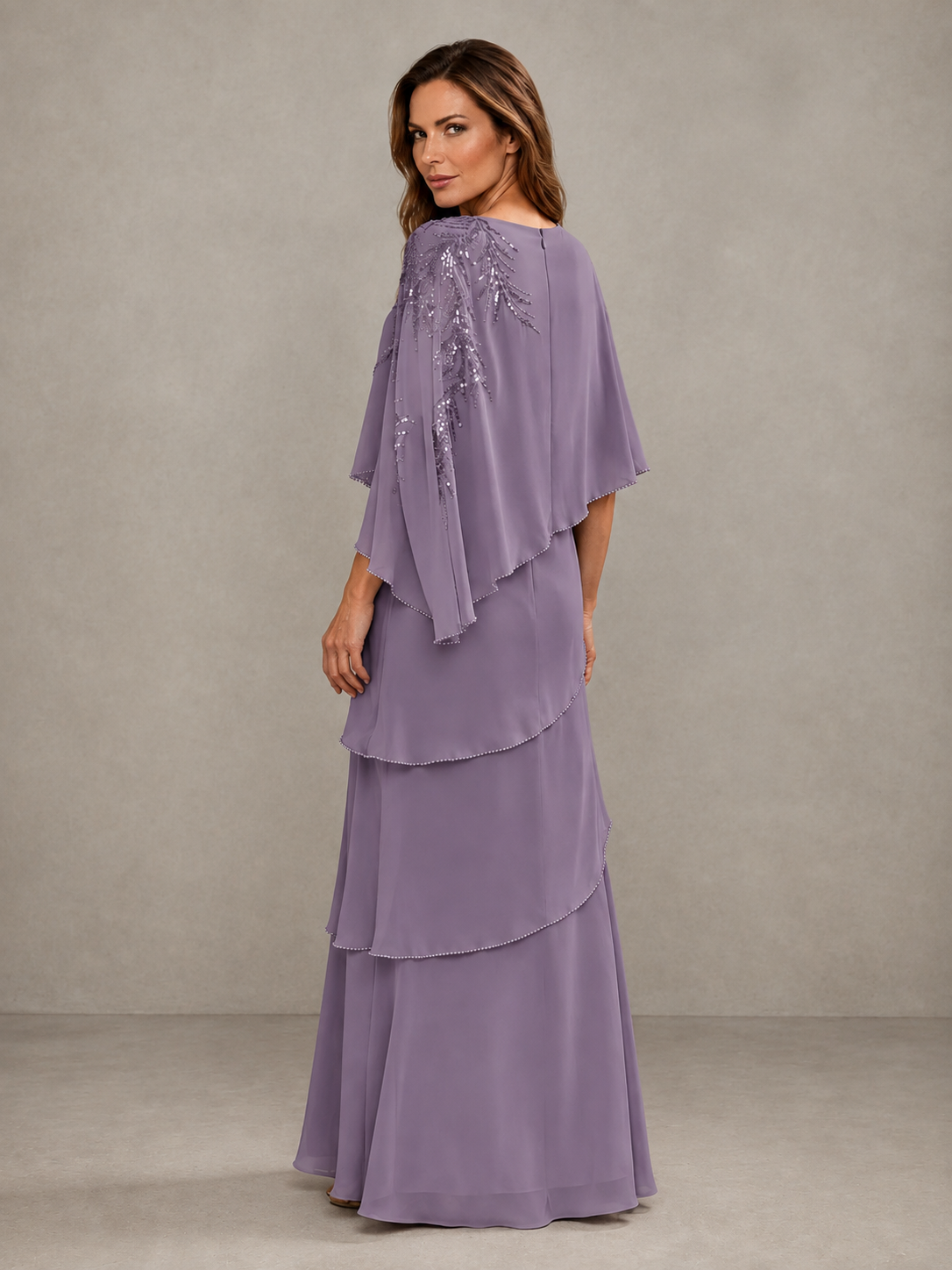 BOLODOO Wisteria Mocha Asymmetric Cape Sleeve Wisteria Sequin Embroidered Pearl Trim Tiered Chiffon Gown - Wisteria