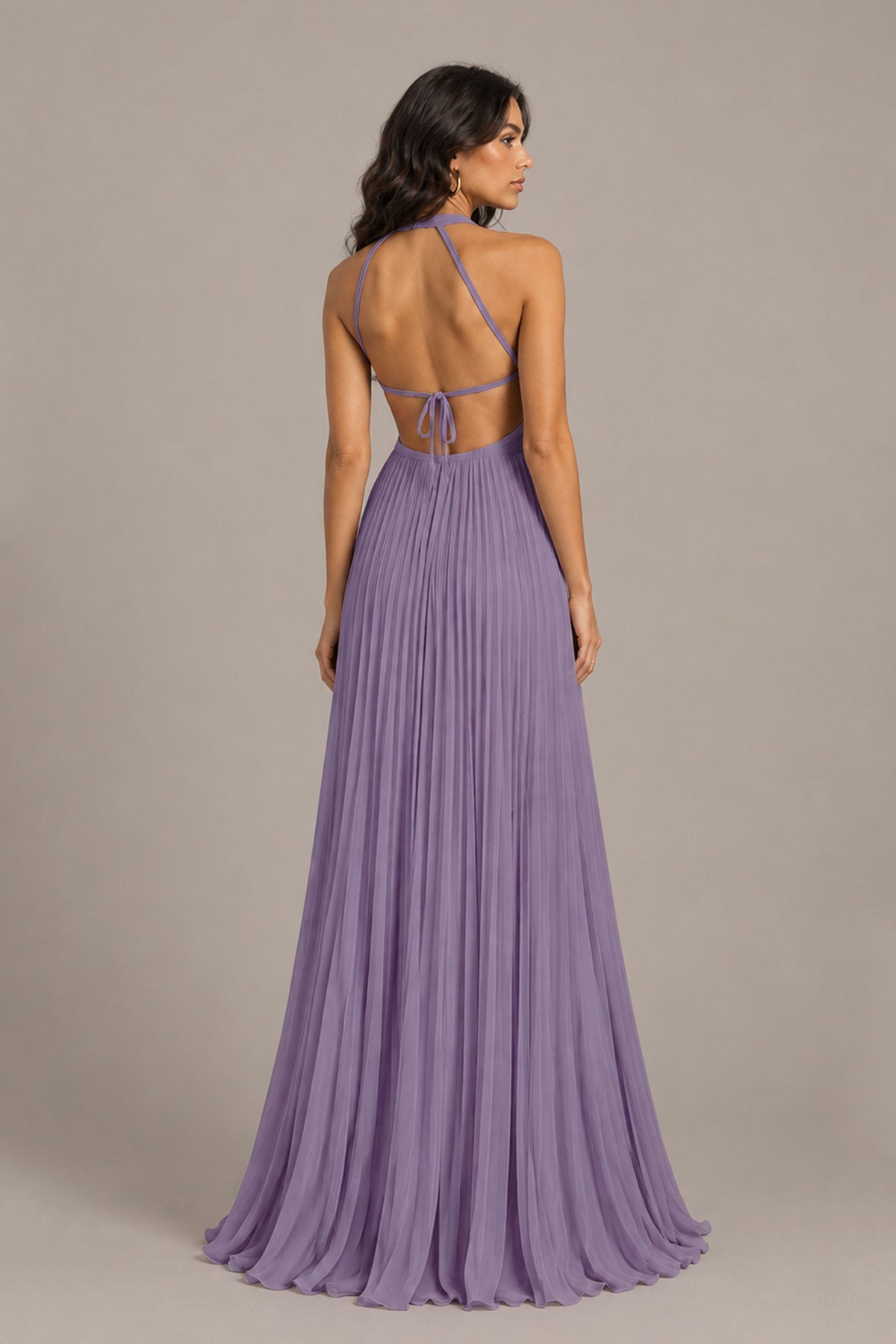 BOLODOO Wisteria Halter Neck Pleated Chiffon Maxi Dress with Side Slit - Wisteria