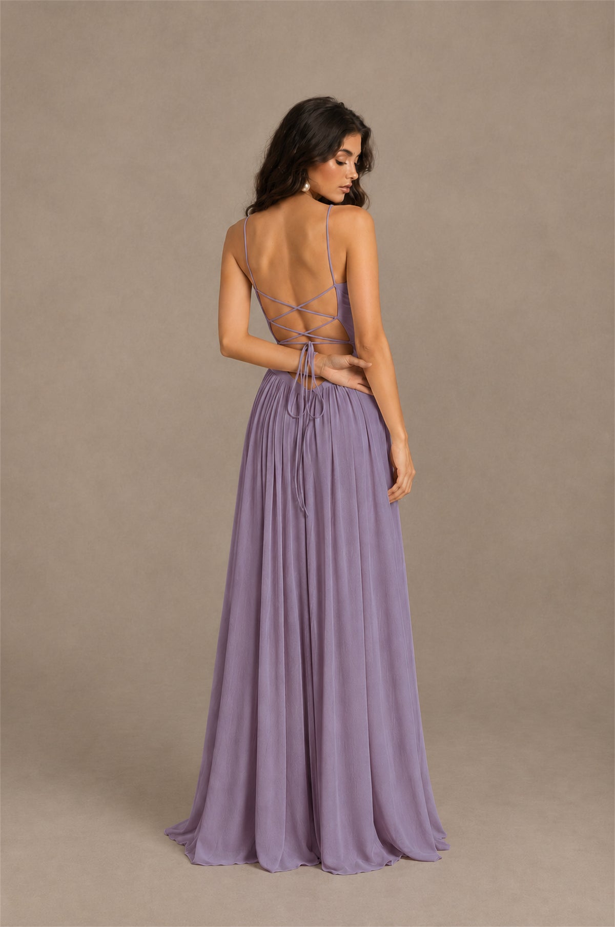 BOLODOO Wisteria Spaghetti Strap Square Neck Ruched Chiffon Maxi Dress with Lace-Up Back - Wisteria