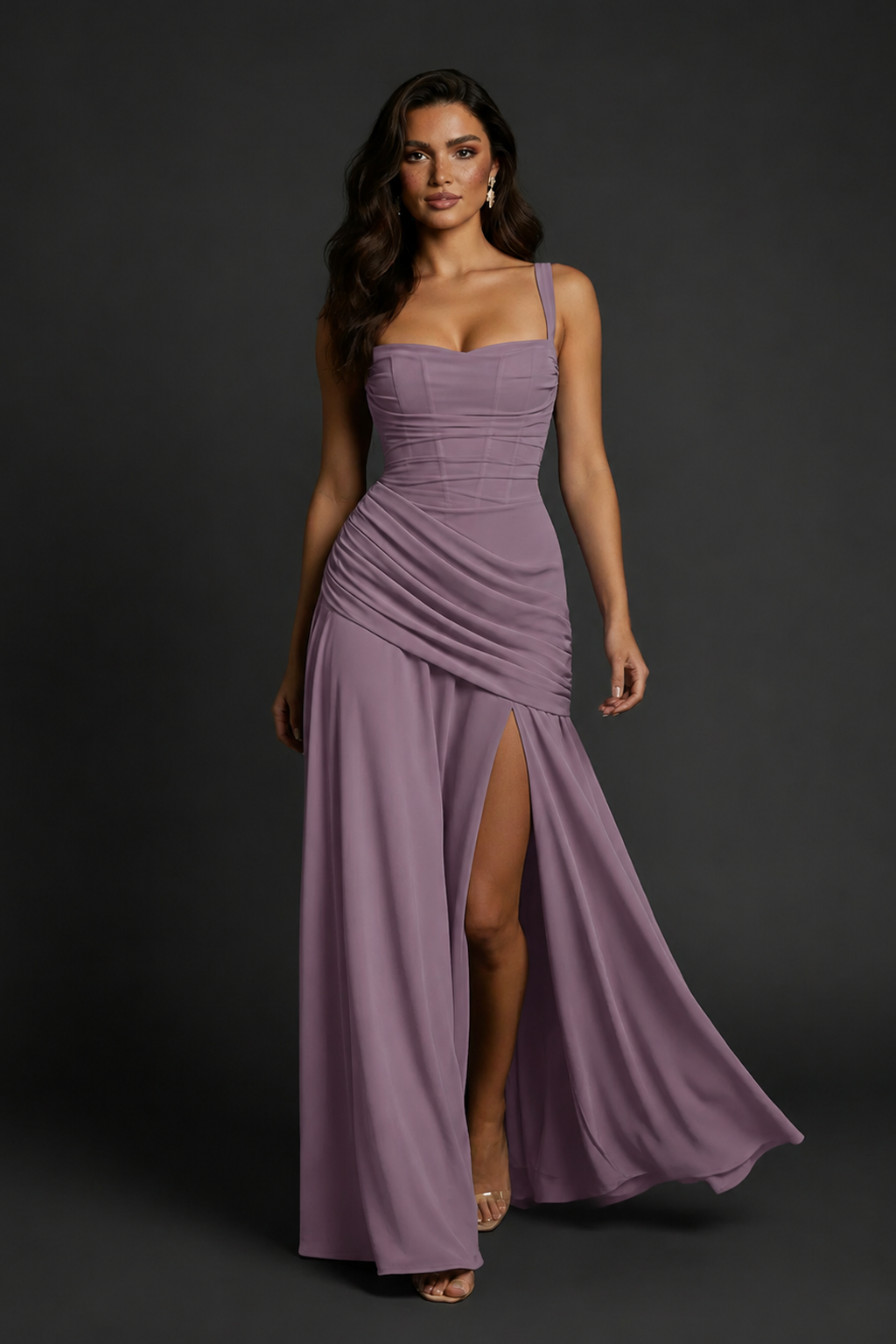 BOLODOO Wisteria Spaghetti Strap Ruched Maxi Dress – Formal Evening Gown with Slit - Wisteria