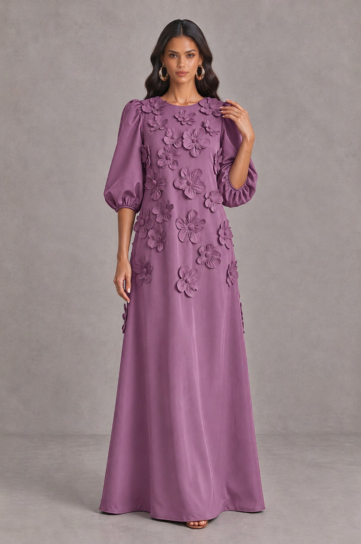 BOLODOO Wisteria Floral Applique Puff Sleeve A-Line Evening Dress - Wisteria - Wisteria (3)