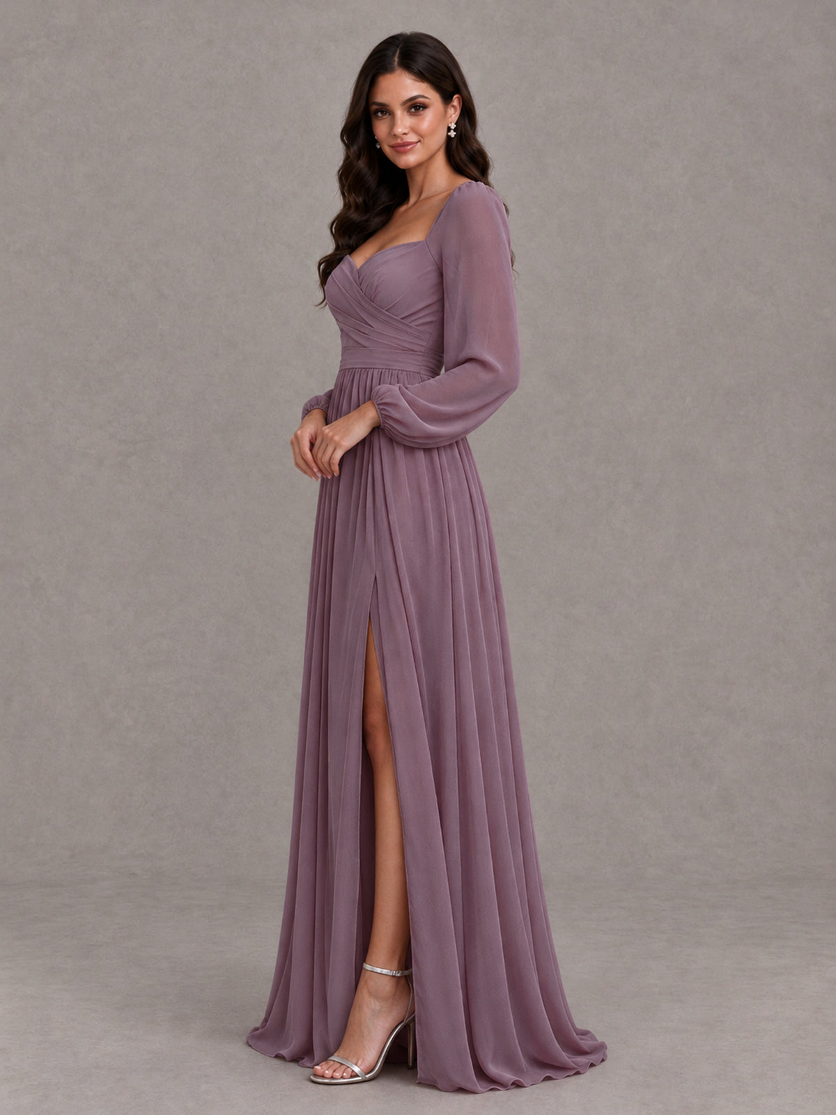 BOLODOO Wisteria Long Sleeve Chiffon Bridesmaid Dress with Slit - Wisteria - Wisteria (3)