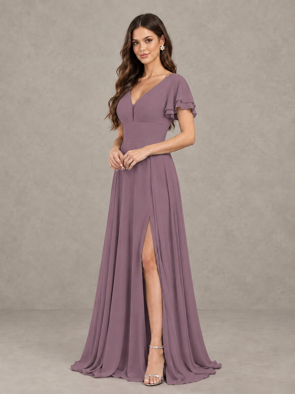 BOLODOO Wisteria Flutter Sleeve Chiffon A-Line Maxi Bridesmaid Dress with Open Back & Slit - Wisteria - Wisteria (3)