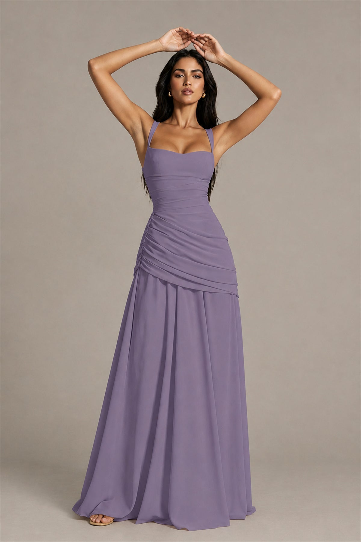 BOLODOO Square Neck Ruched A-Line Maxi Dress - Wisteria Backless Evening Gown - Wisteria