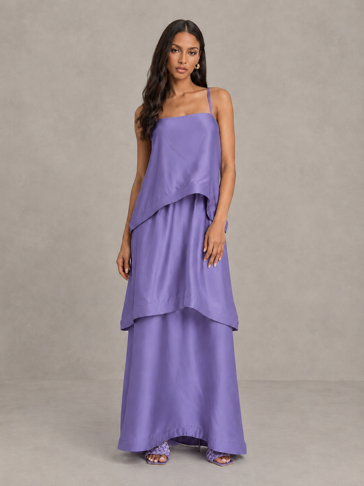BOLODOO Wisteria Satin Tiered Maxi Dress with Spaghetti Straps - Wisteria