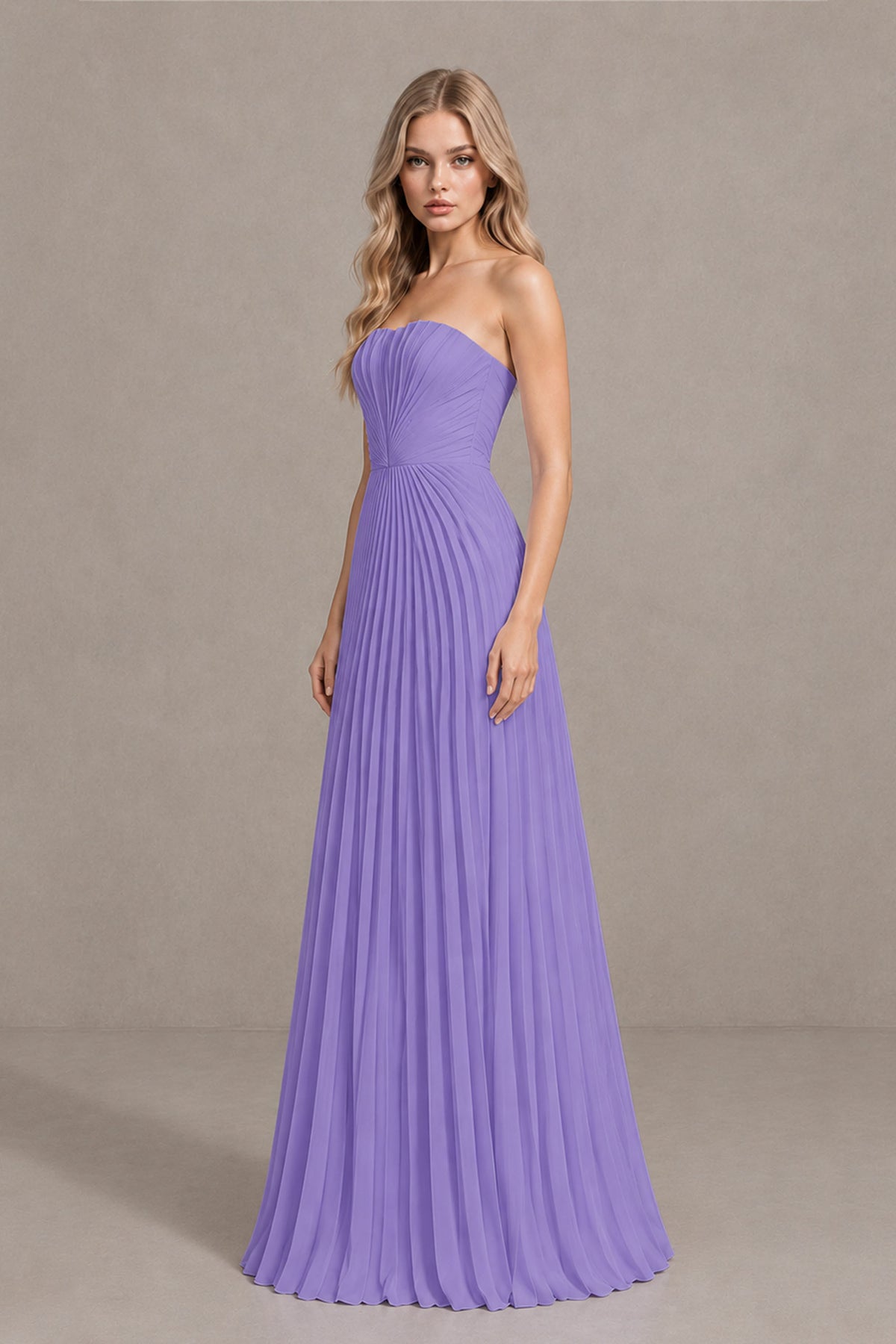 BOLODOO Wisteria Strapless Sunburst Pleated Twisted Knot Lace-Up Back Accordion Pleated Chiffon Maxi Dress - Wisteria