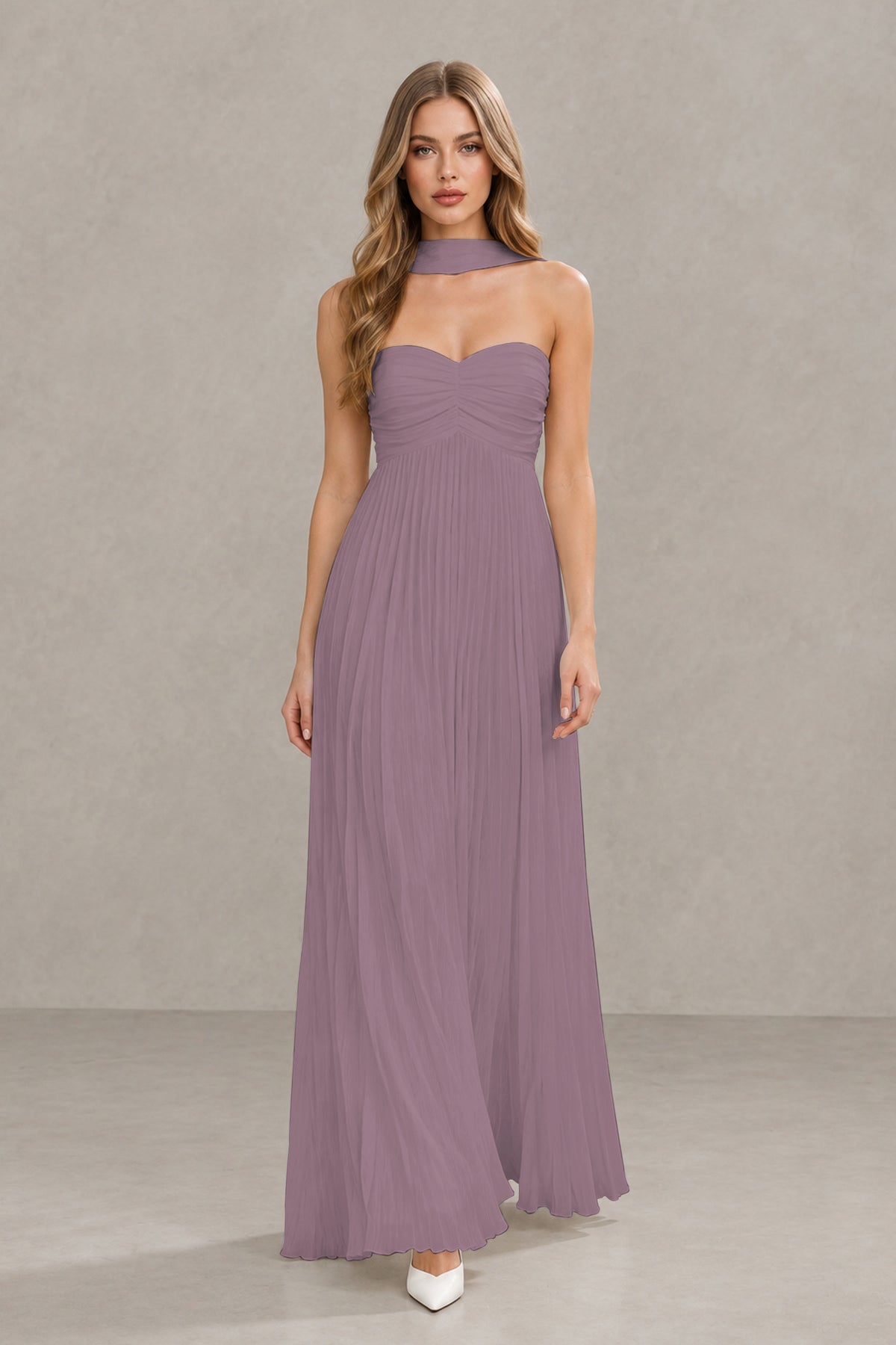 BOLODOO Wisteria Strapless Chiffon-Look Maxi Dress with Lace-Up Back & Cape - Wisteria