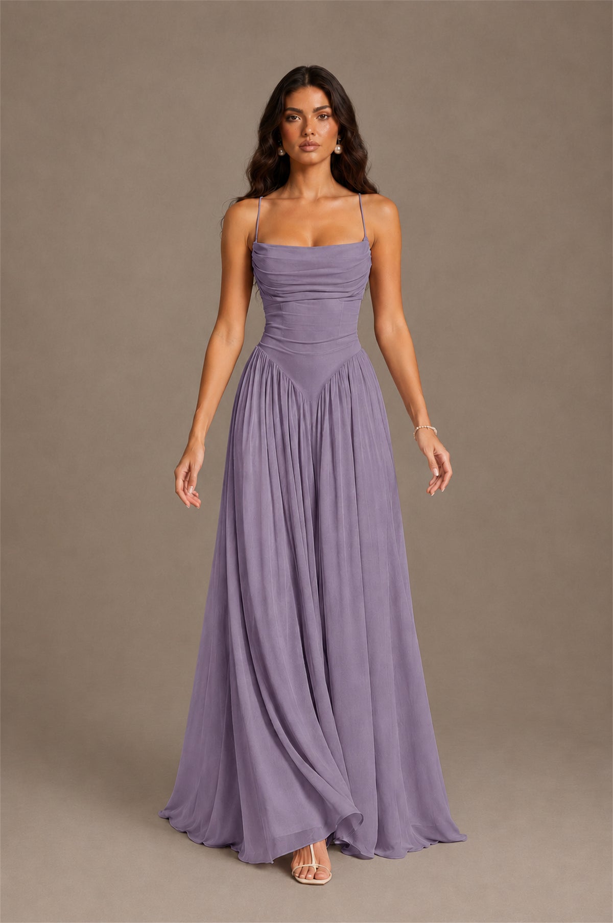 BOLODOO Wisteria Spaghetti Strap Square Neck Ruched Chiffon Maxi Dress with Lace-Up Back - Wisteria