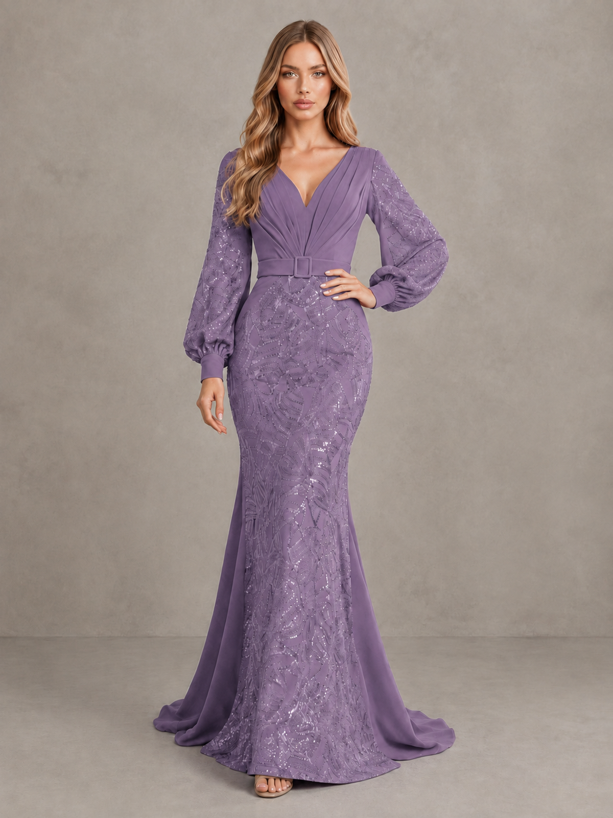 BOLODOO Wisteria Sequin Long Bishop Sleeve Mermaid Evening Dress - Wisteria - Wisteria (3)