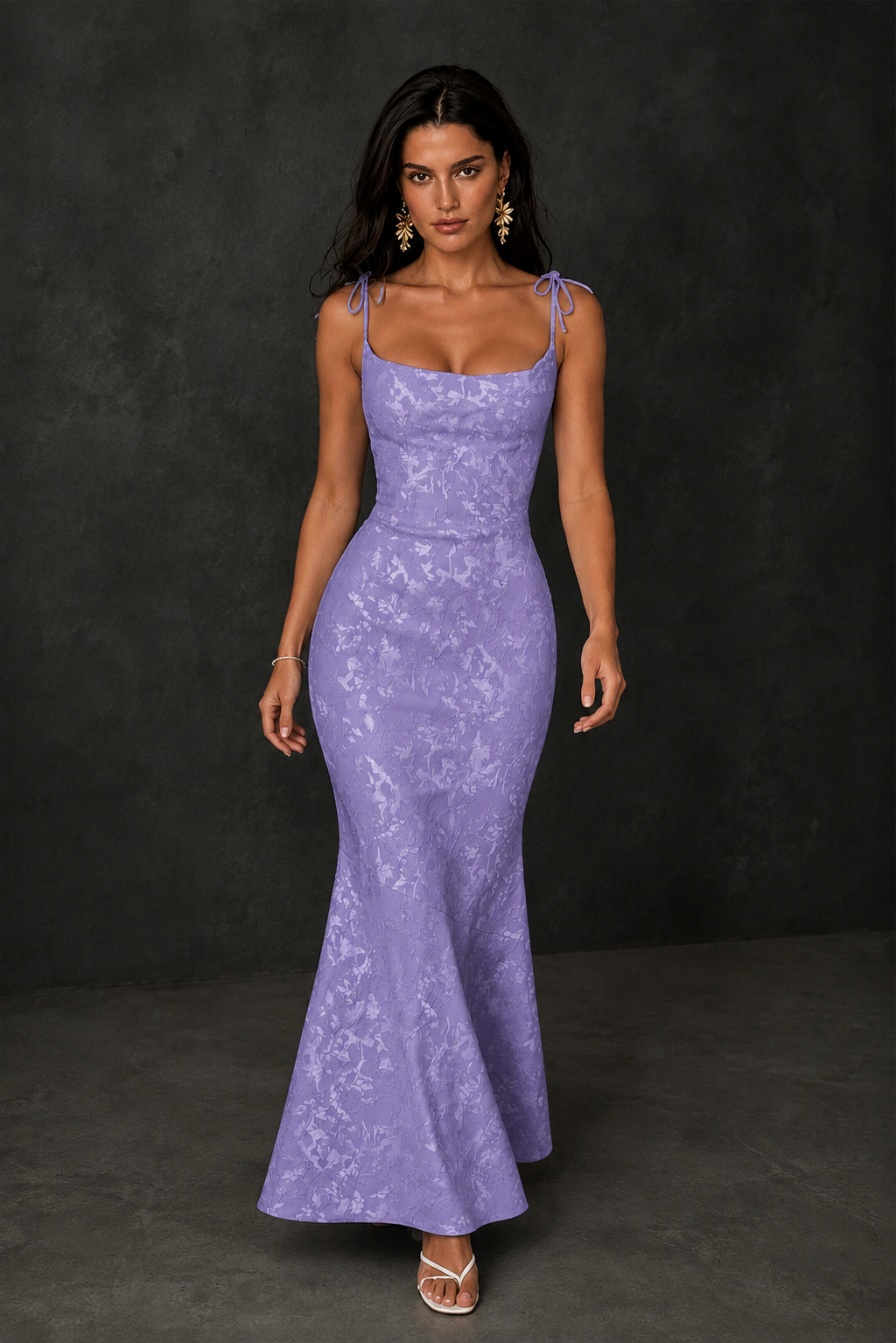 BOLODOO Wisteria Scoop Neck Tie Strap Lace-Up Back Floral Jacquard Mermaid Maxi Dress - Wisteria