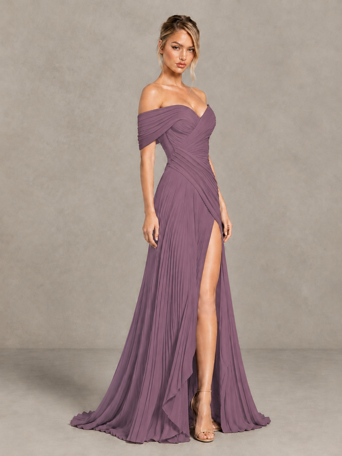 BOLODOO Wisteria Off-Shoulder Ruched Pleated Maxi Dress with High Slit - Wisteria - Wisteria (3)