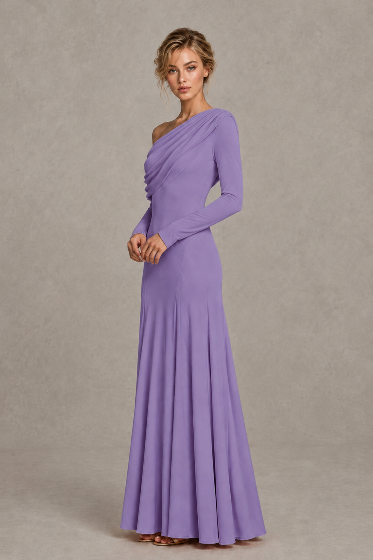 BOLODOO Wisteria Asymmetric Draped Long Sleeve Evening Gown - Wisteria