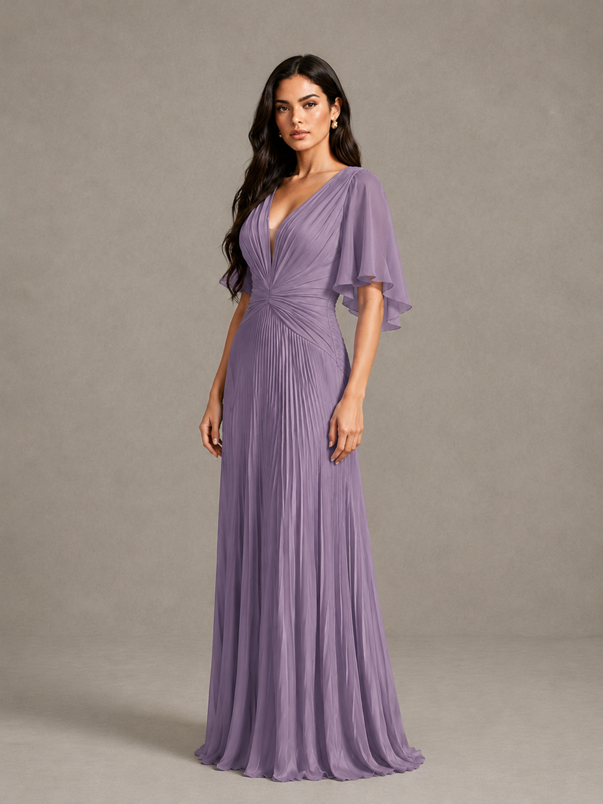 BOLODOO Wisteria Pleated V-Neck Flutter Sleeve Bridesmaid Dress - Wisteria - Wisteria (3)