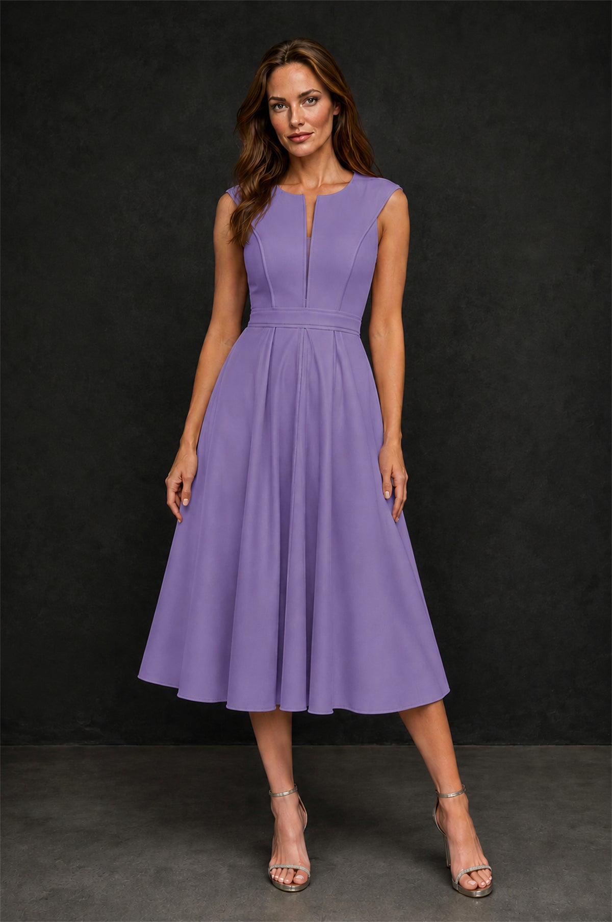 BOLODOO Wisteria 3D Rosette Appliqué 3/4 Sleeve Jacket & V-Notch Sleeveless A-Line Tea-Length Two-Piece Dress Set - Wisteria