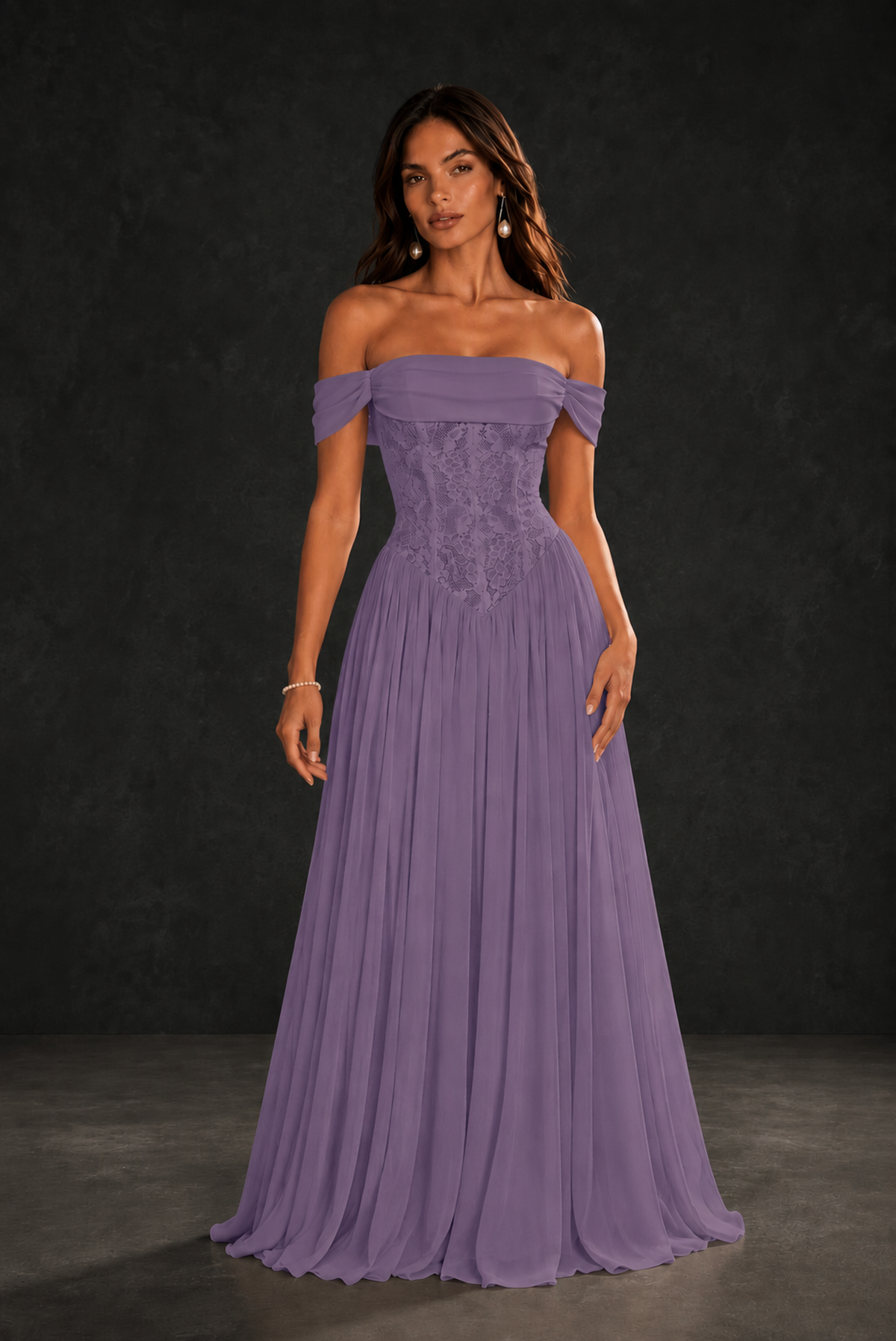 BOLODOO Wisteria Off-Shoulder Lace Corset Tulle Maxi Dress - Wisteria
