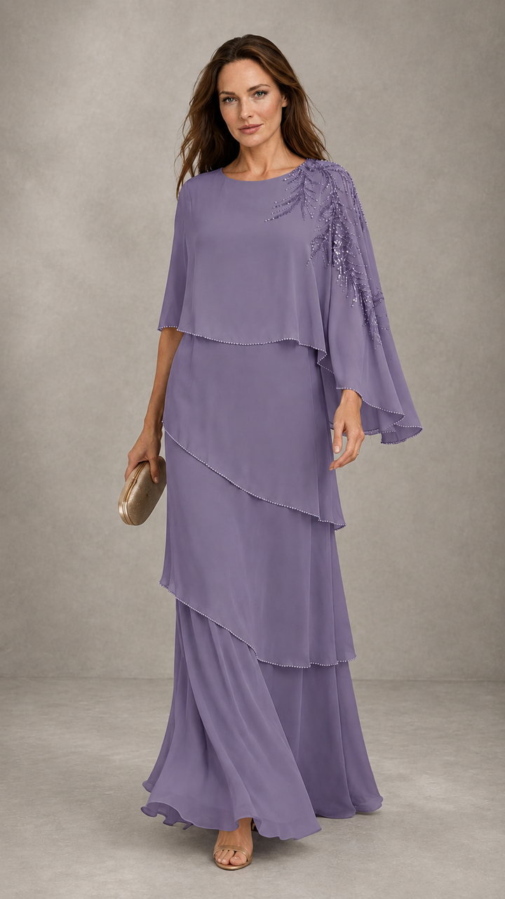 BOLODOO Wisteria Mocha Asymmetric Cape Sleeve Wisteria Sequin Embroidered Pearl Trim Tiered Chiffon Gown - Wisteria
