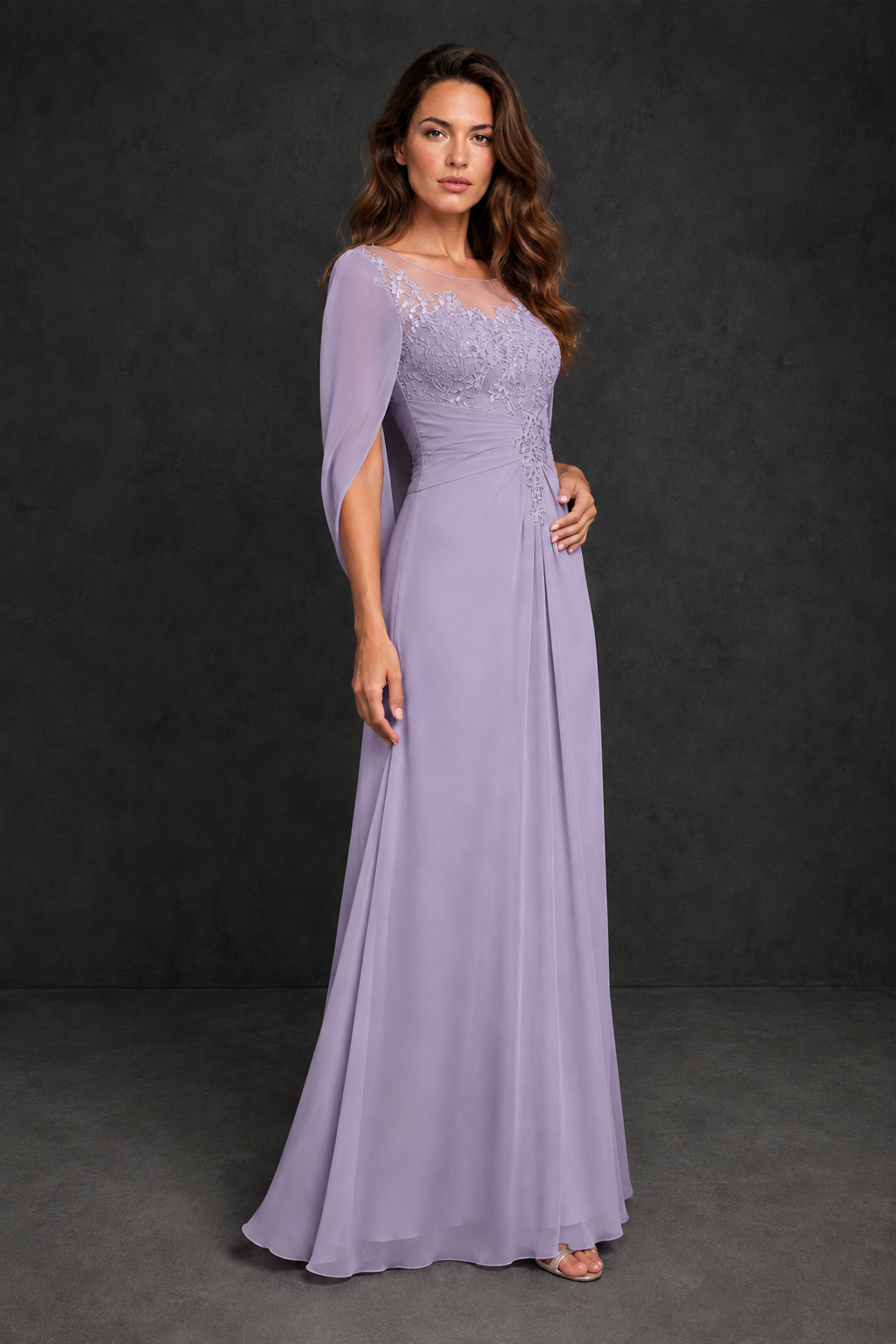 BOLODOO Wisteria Illusion Lace One-Side Cape Sleeve Beaded Chiffon Floor Length Gown | Mother of the Bride Evening Dress - Wisteria
