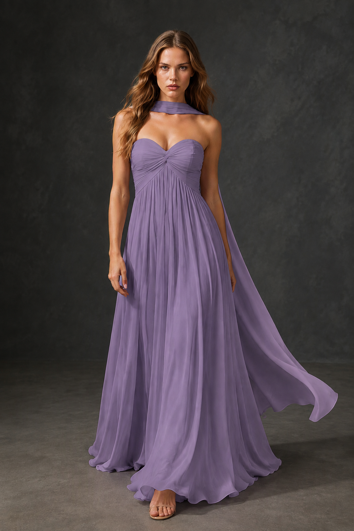 BOLODOO Wisteria Sweetheart Strapless Twist Knot Detached Halter Scarf Lace-Up Back Empire Waist Chiffon Maxi Dress - Wisteria