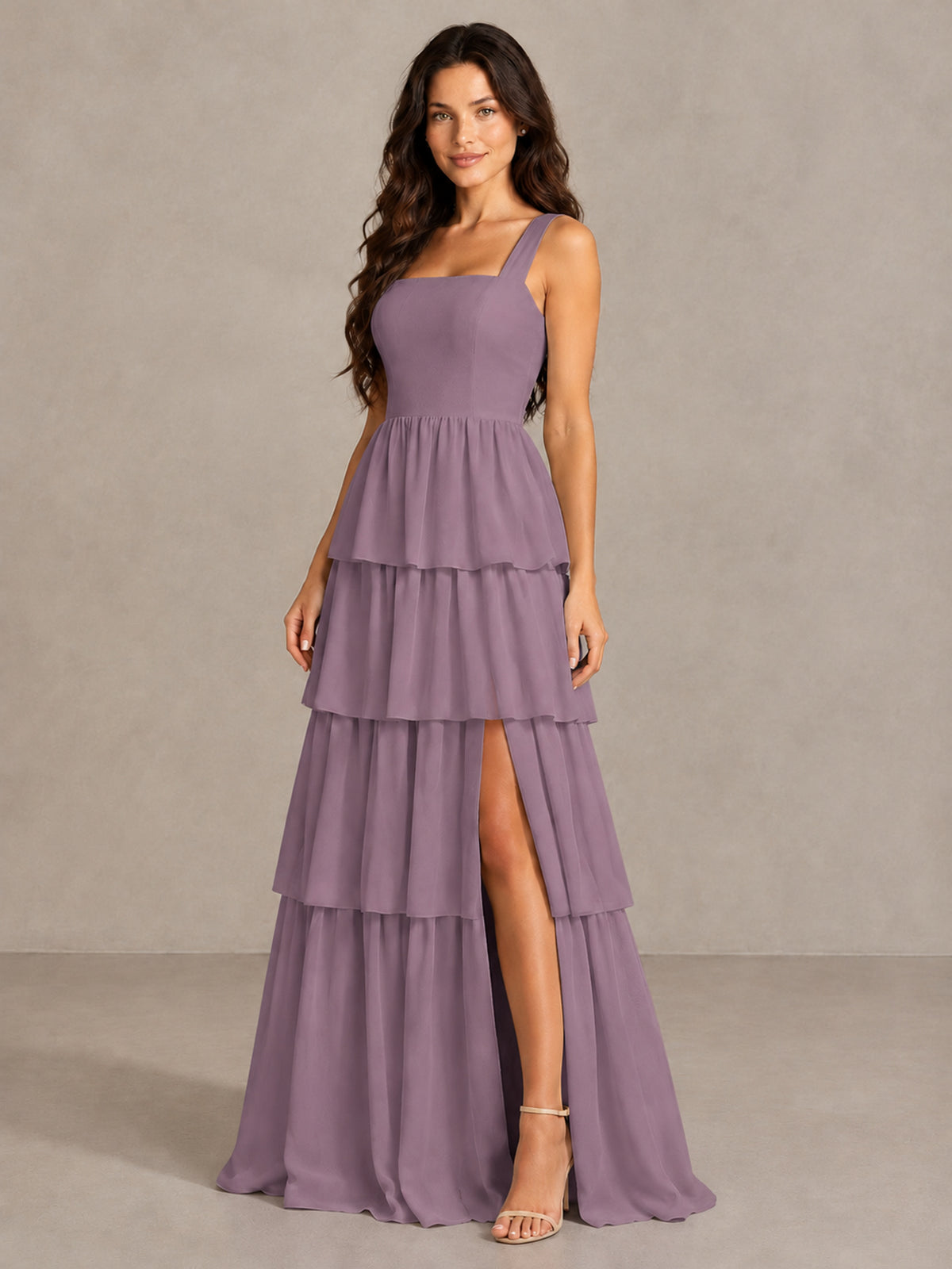 BOLODOO Wisteria Square Neck Tiered Bridesmaid Dress with Slit - Wisteria - Wisteria (3)