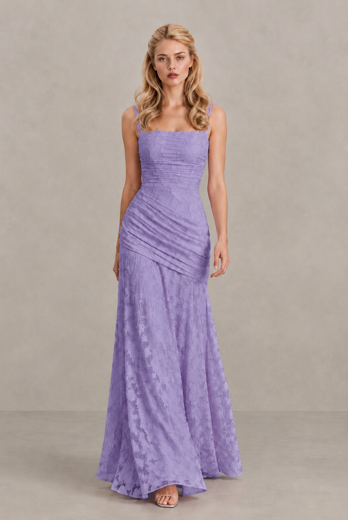 BOLODOO Wisteria Ruched Floral Maxi Dress with Lace-Up Back - Wisteria