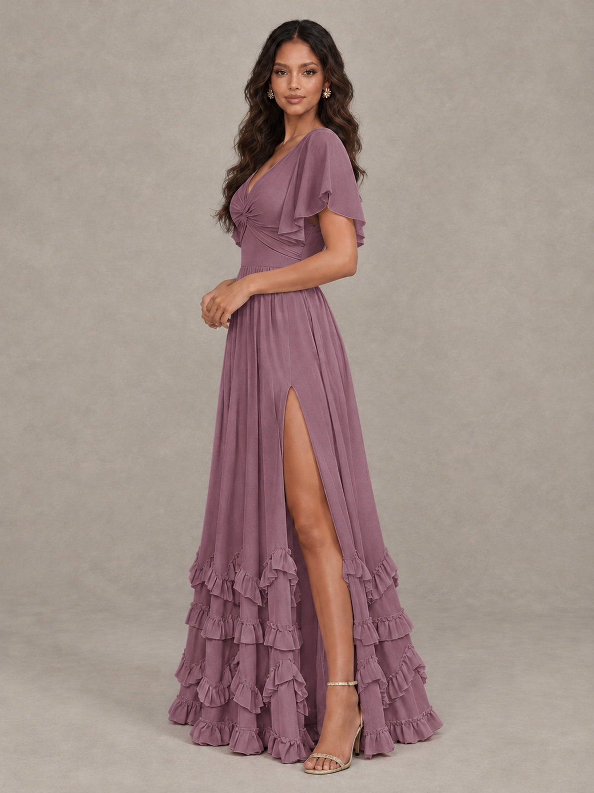 BOLODOO Wisteria V-Neck Flutter Sleeve Ruffle Bridesmaid Dress with Slit - Wisteria - Wisteria (3)