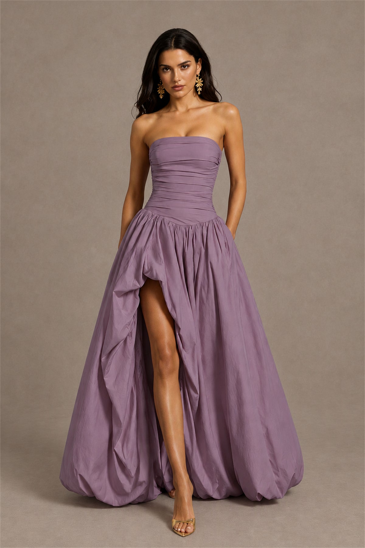 BOLODOO Wisteria Strapless Ruched Corset Lace-Up Back Bubble Skirt High Slit Taffeta Maxi Dress - Wisteria