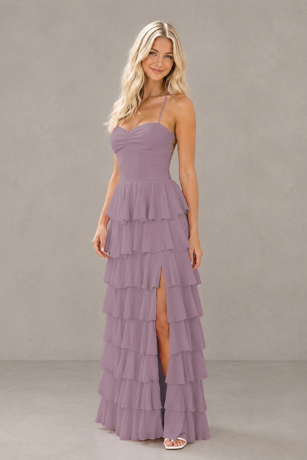 BOLODOO Wisteria Strapless Tiered Ruffle Maxi Dress with Slit & Lace-Up Back - Wisteria