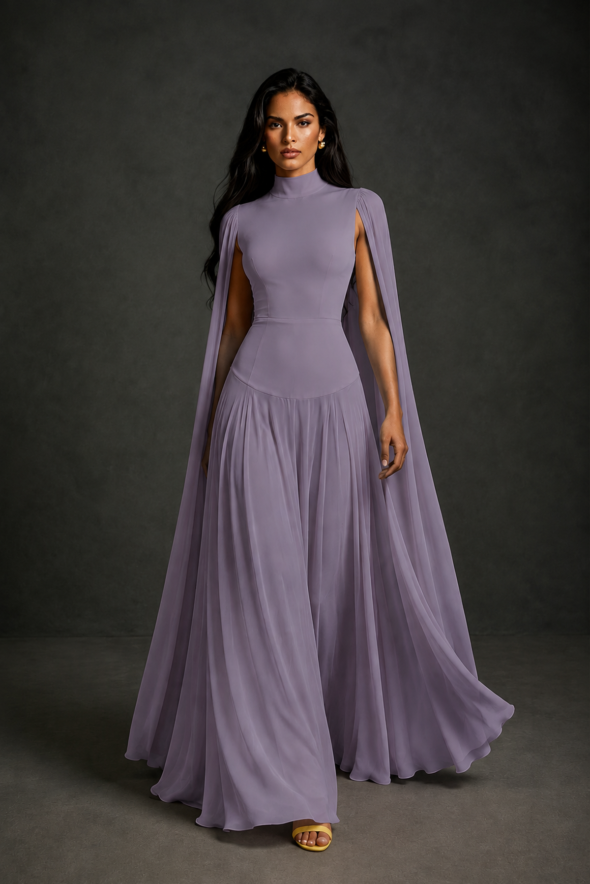 BOLODOO Wisteria Mock Neck Cape Sleeve A-Line Chiffon Maxi Dress - Wisteria