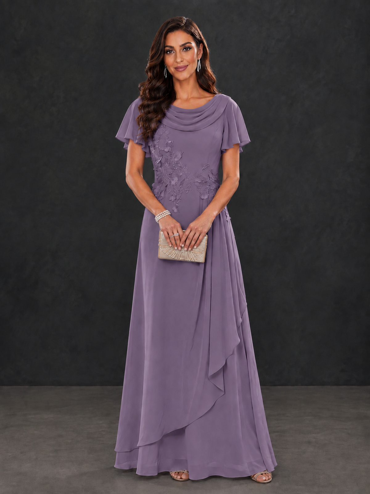 BOLODOO Wisteria Floral Flutter Sleeve Mother of the Bride Dress - Wisteria