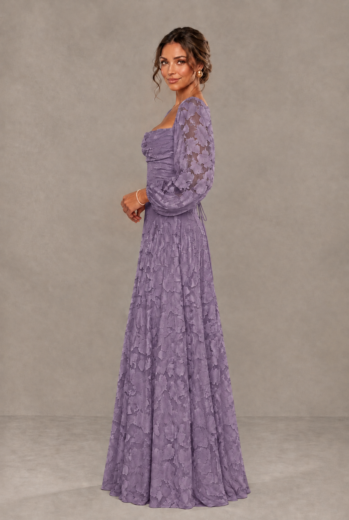 BOLODOO Floral Wisteria Long Sleeve A-Line Dress with Lace-Up Back - Wisteria