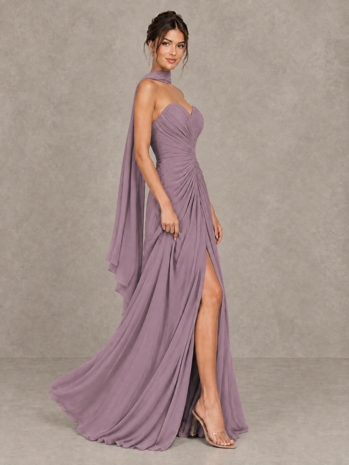 BOLODOO Wisteria Strapless Ruched Maxi Dress with Scarf and Slit - Wisteria