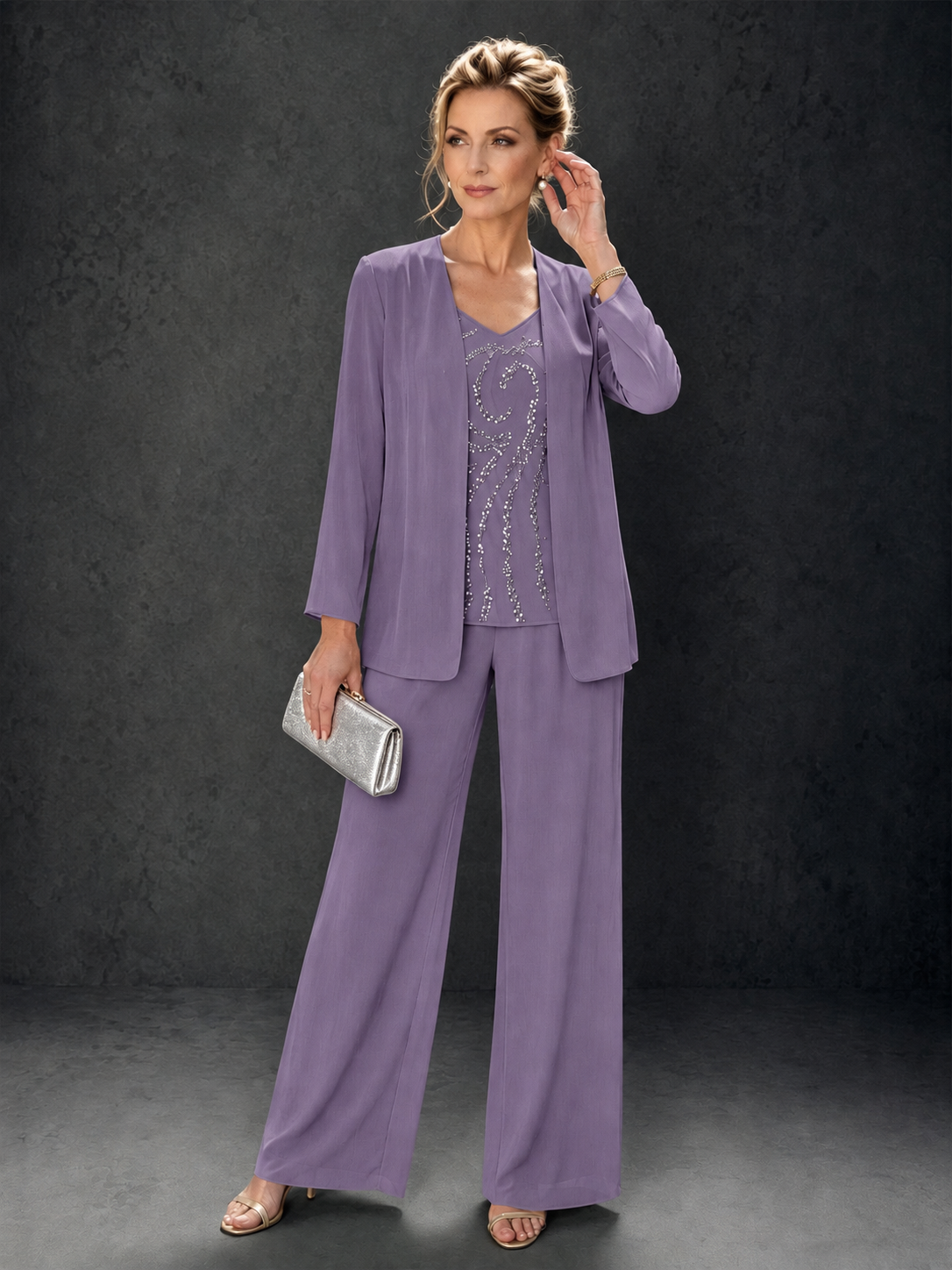 BOLODOO Wisteria 3-Piece Mother of the Bride Pant Suit with Beaded Top & Chiffon Jacket - Wisteria