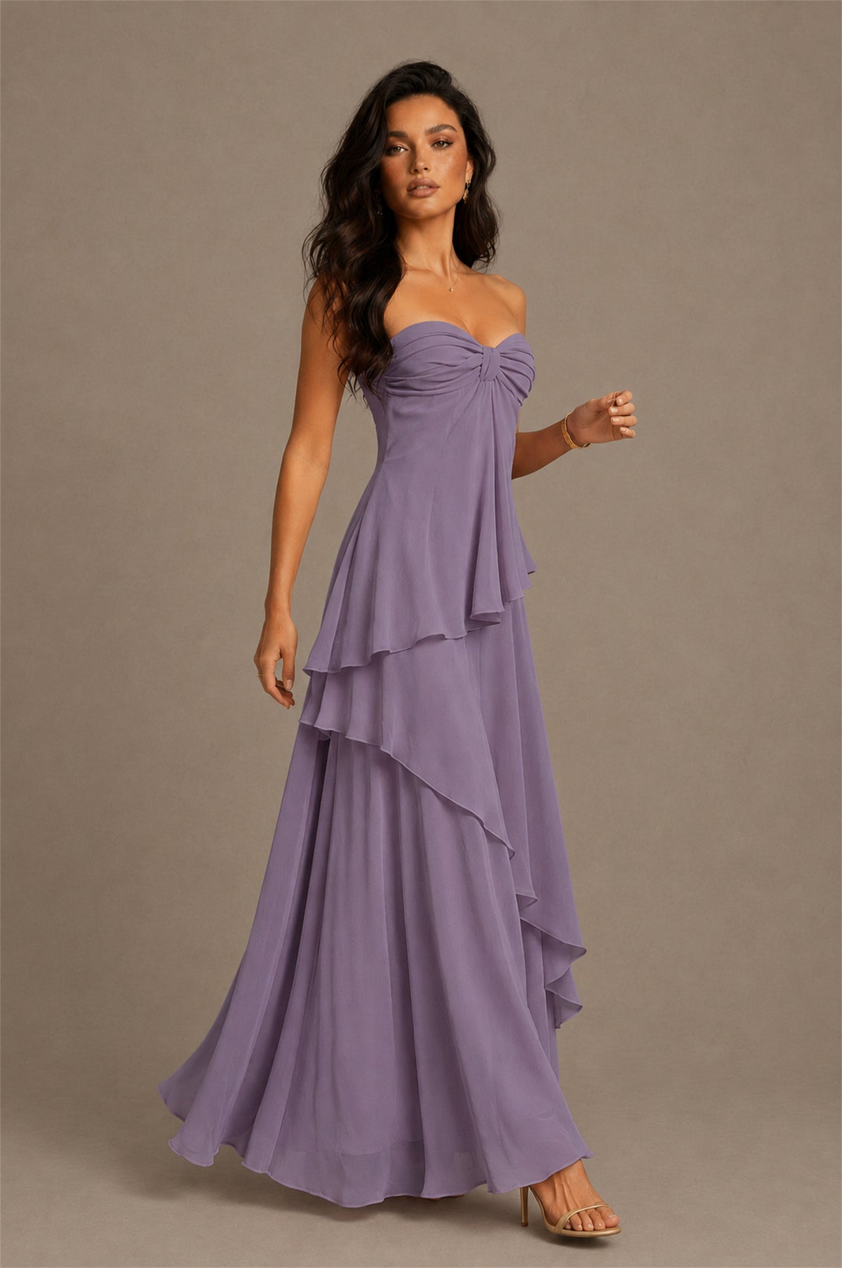 BOLODOO Wisteria Strapless Sweetheart Knotted Chiffon Tiered Maxi Dress with Lace-Up Back - Wisteria