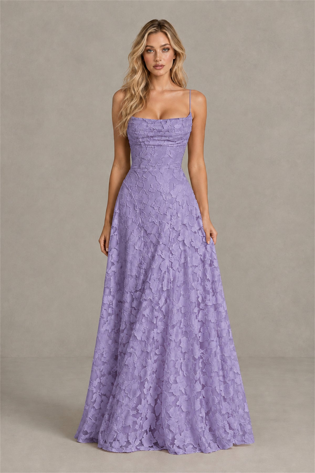 BOLODOO Wisteria Floral Appliqué Lace-Up Back Maxi Dress - Wisteria