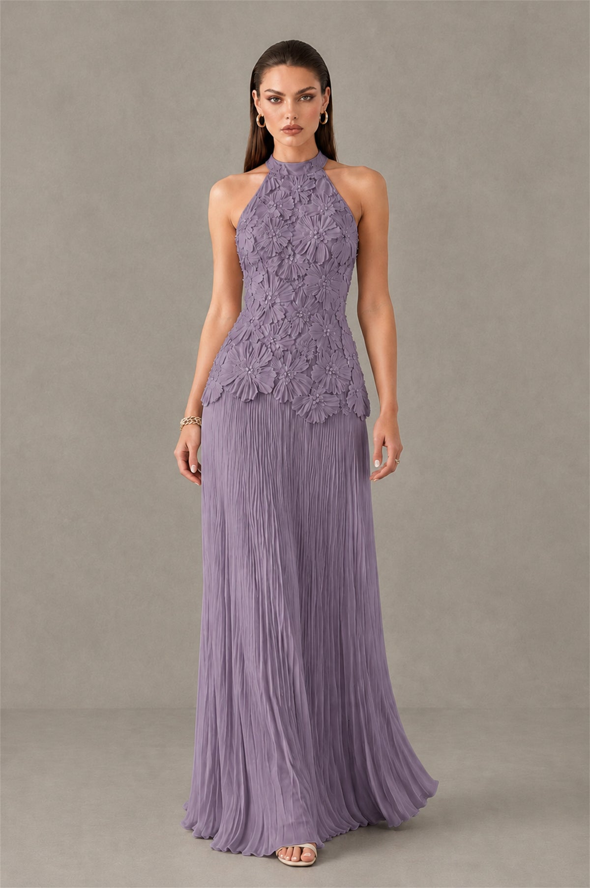 BOLODOO Wisteria 3D Floral Applique Halter Neck Open Back Pleated Maxi Dress - Wisteria